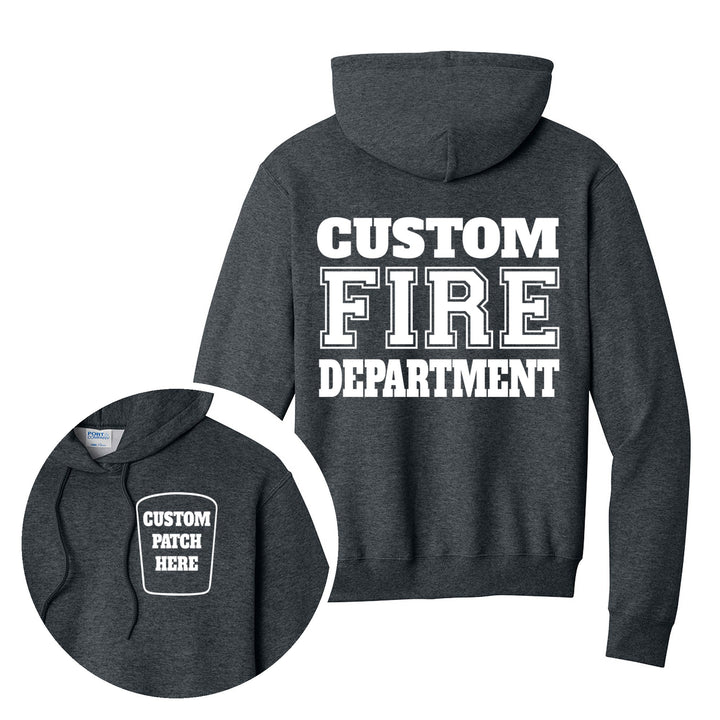 Fire department Port &amp; Company PC78H hoodie in Dark Heather Grey with a custom patch on the left chest and CUSTOM FIRE DEPARTMENT on the back