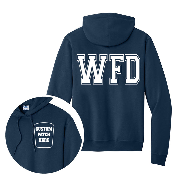 Fire department Port &amp; Company PC78H hoodie in Navy with department initials on the back and a custom patch on the left chest