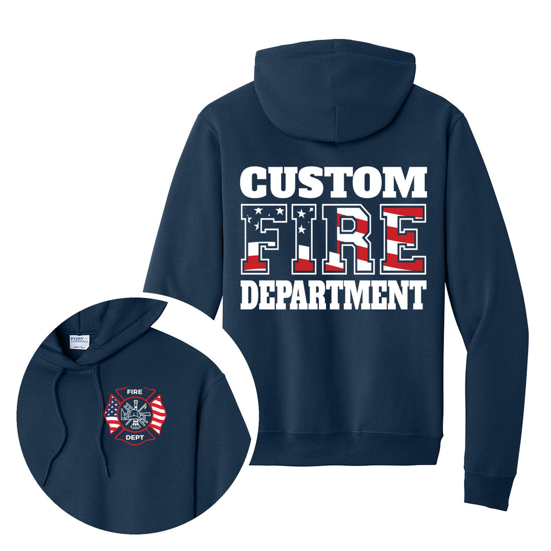 Fire department Port &amp; Company PC78H hoodie in Navy with an American flag FIRE back design and flag Maltese cross on the left chest