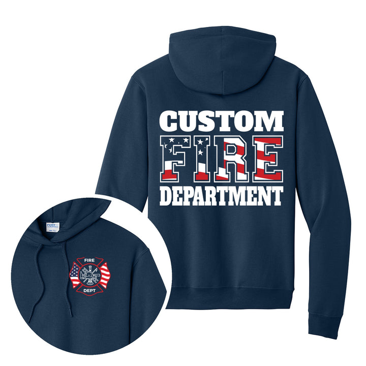 Fire department Port &amp; Company PC78H hoodie in Navy with an American flag FIRE back design and flag Maltese cross on the left chest