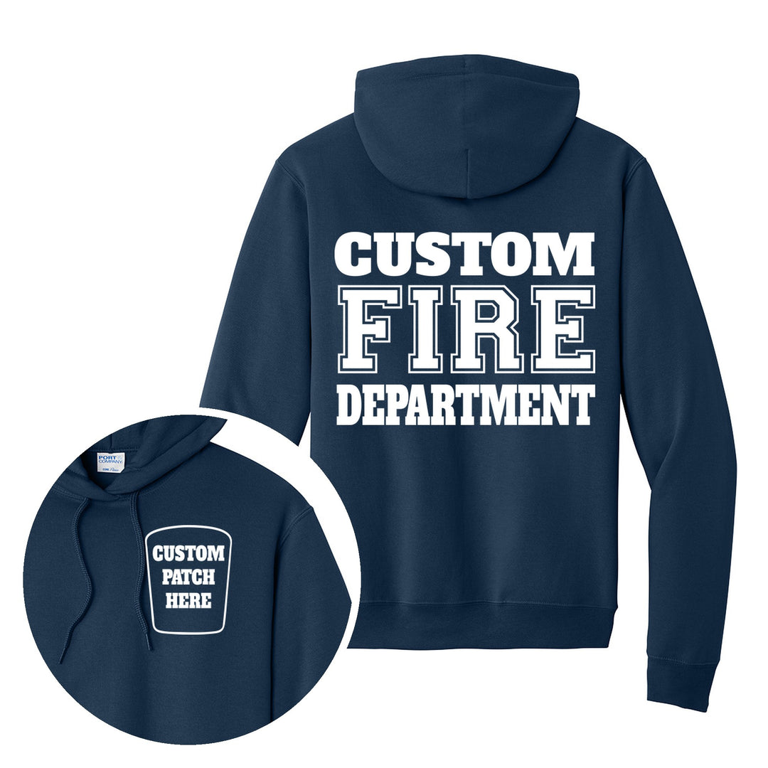 Fire department Port & Company PC78H hoodie in Navy with a custom patch on the left chest and CUSTOM FIRE DEPARTMENT on the back