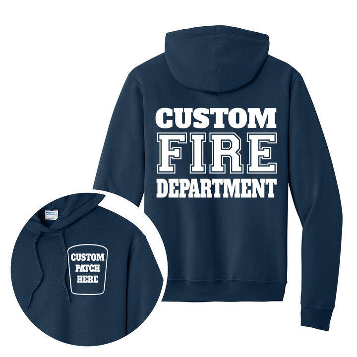 Fire department Port &amp; Company PC78H hoodie in Navy with a custom patch on the left chest and CUSTOM FIRE DEPARTMENT on the back