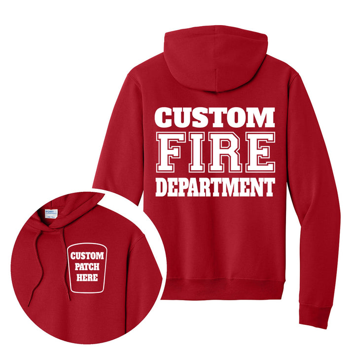 Fire department Port &amp; Company PC78H hoodie in Red with a custom patch on the left chest and CUSTOM FIRE DEPARTMENT on the back