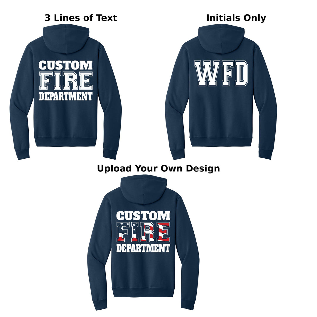 Fire department Port &amp; Company PC78H hoodie back design options: 3 lines of text, initials only, or upload your own design