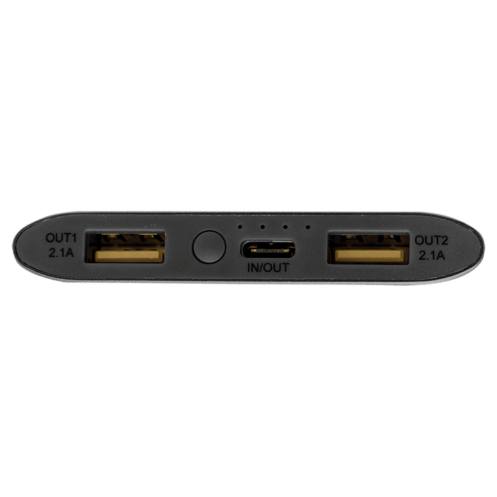 Power bank ports: two 2.1A USB outputs and a USB-C in/out port