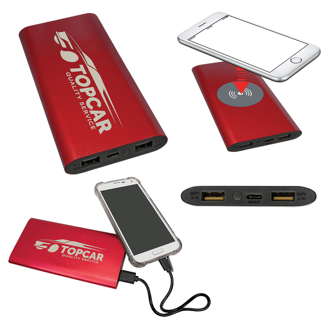 8000 mAh power bank and wireless charger in Red