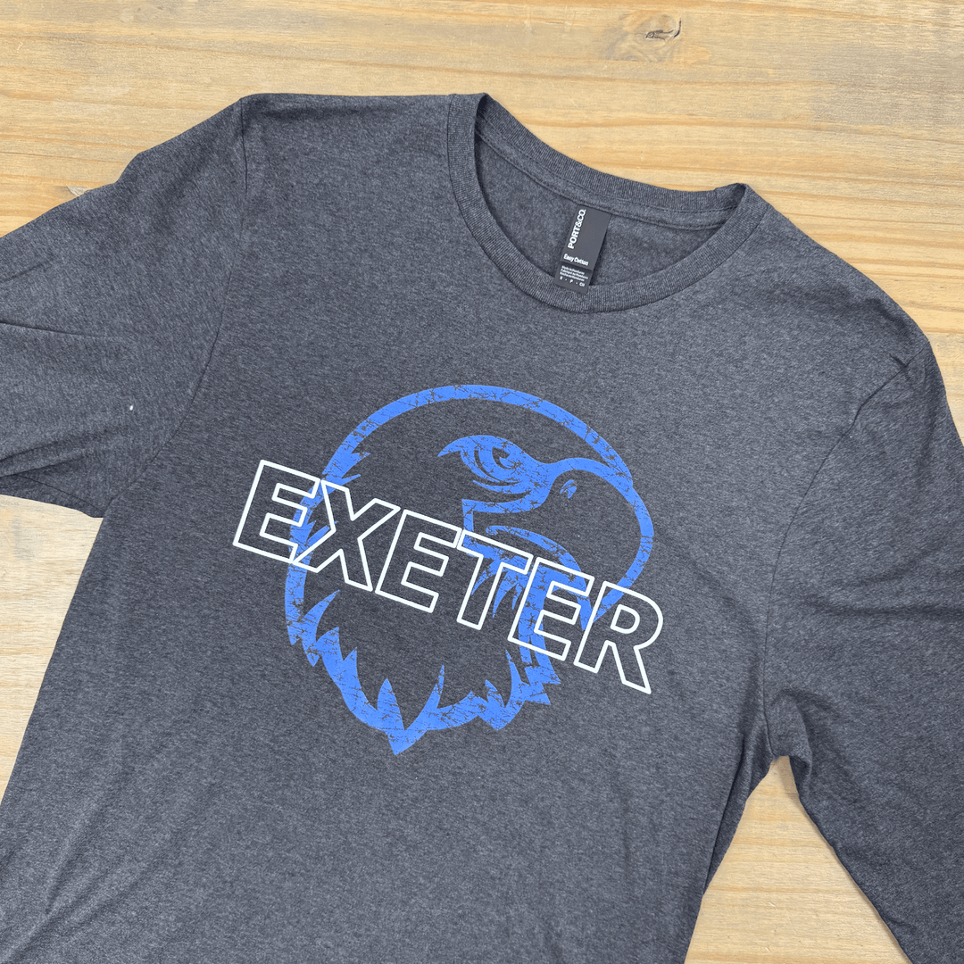 Charcoal gray long sleeve shirt with blue eagle head logo and "EXETER" text across the chest