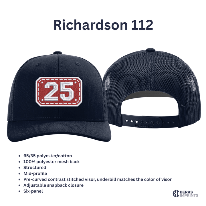 Richardson 112 trucker cap shown front and back with fabric and fit specifications