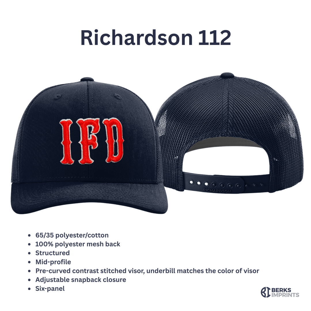 Richardson 112 trucker cap shown front and back with fabric and fit specifications