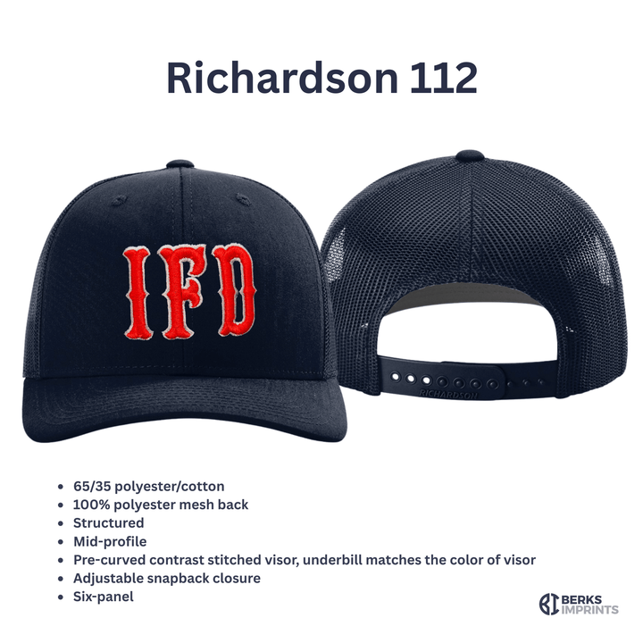Richardson 112 trucker cap shown front and back with fabric and fit specifications