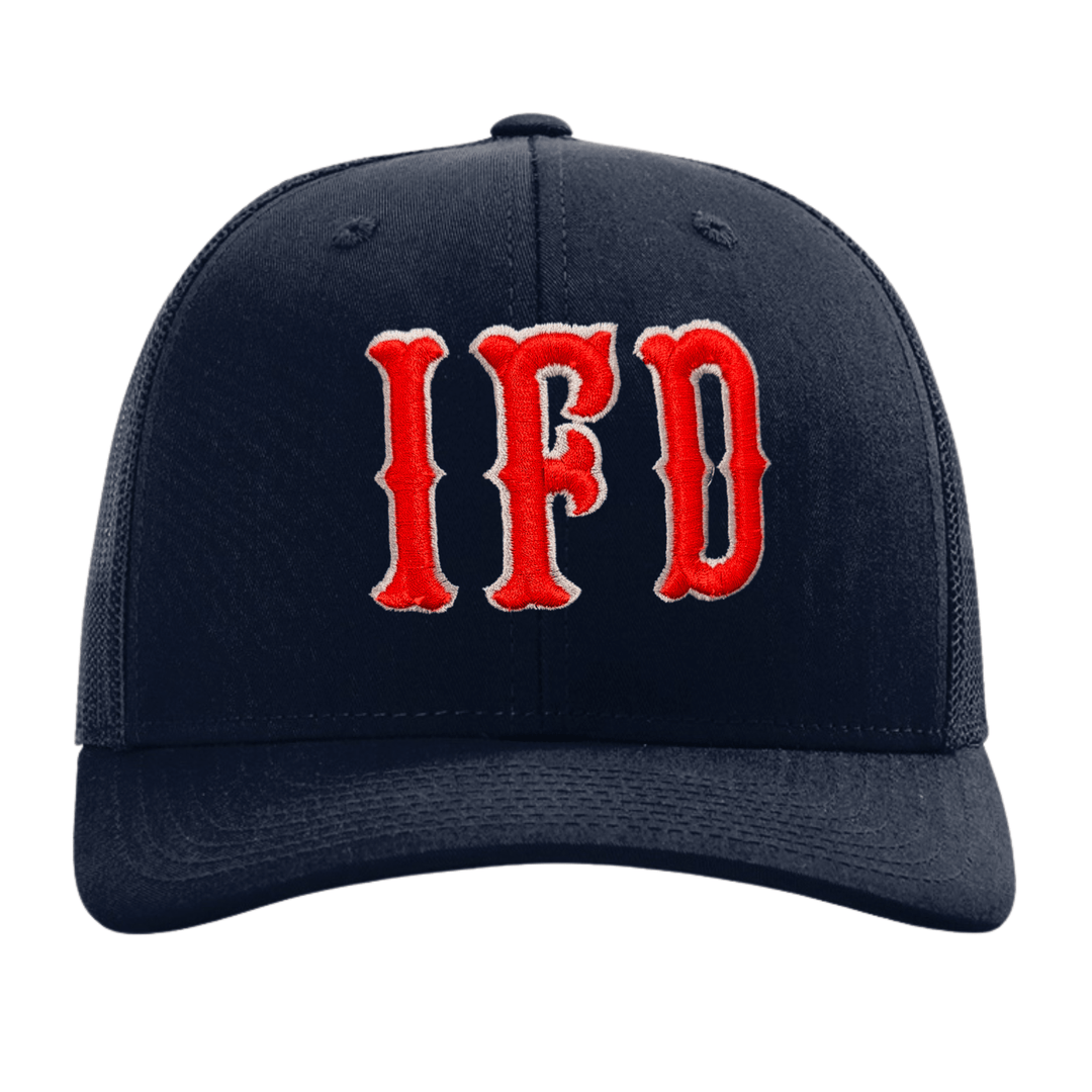 Navy Richardson 112 trucker cap with embroidered fire department letters in Boston block font across the front