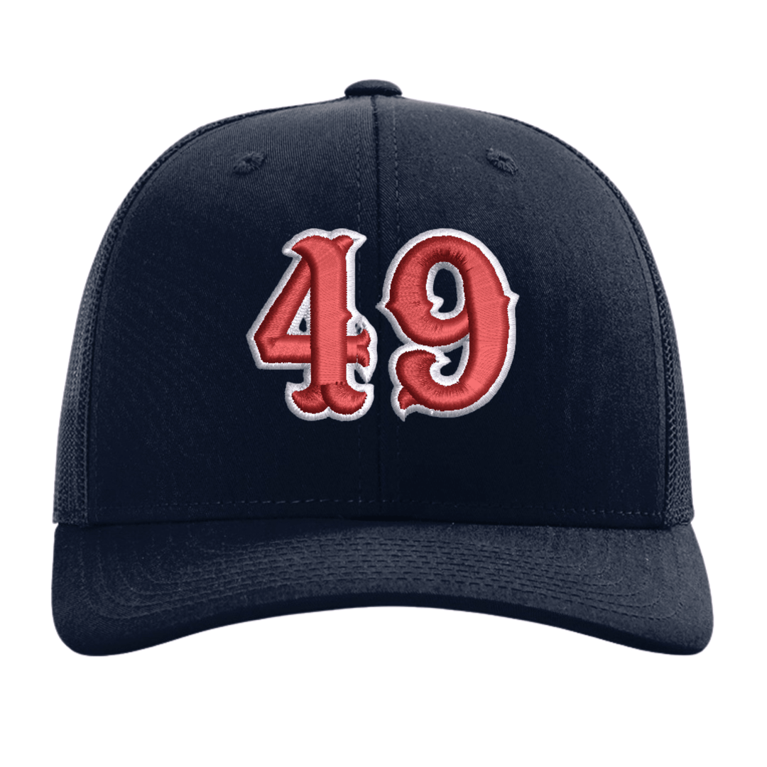 Navy Richardson 112 trucker cap with a large red and white embroidered fire department number on the front panel