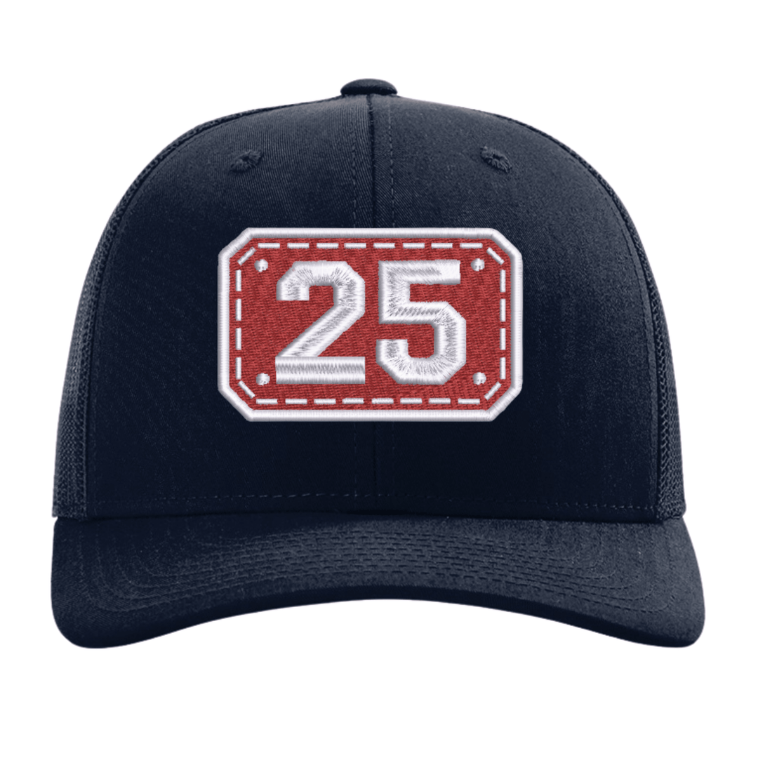 Navy Richardson 112 trucker cap with the embroidered Passport helmet shield design on the front