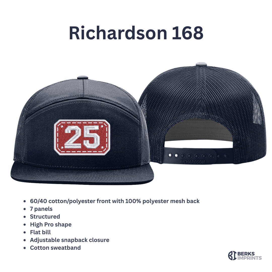 Richardson 168 seven panel trucker cap shown front and back with fabric and fit specifications