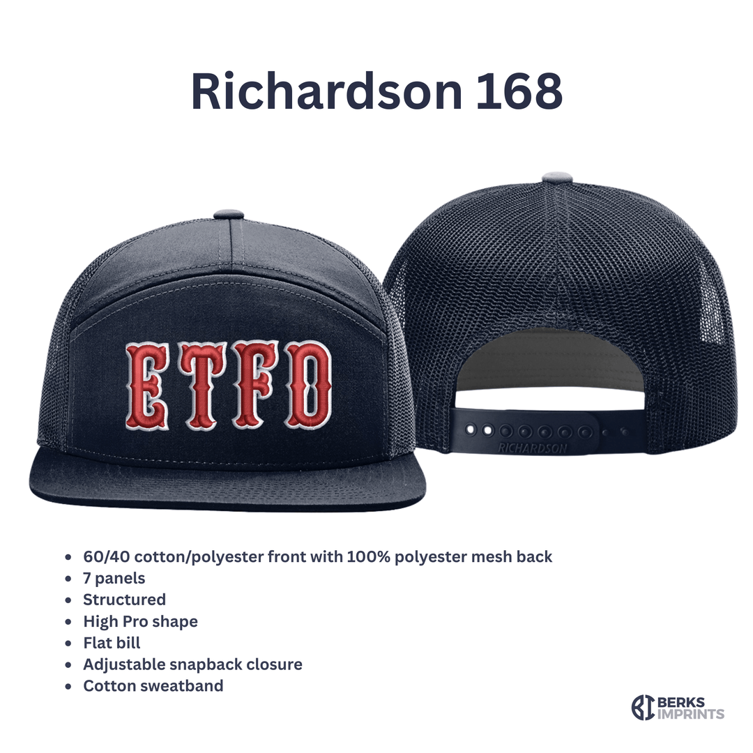 Richardson 168 seven panel trucker cap shown front and back with fabric and fit specifications