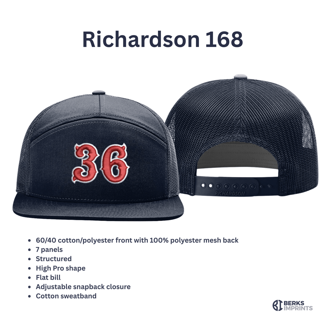 Richardson 168 seven panel trucker cap shown front and back with fabric and fit specifications