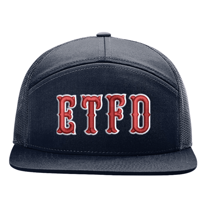 Navy Richardson 168 seven panel trucker cap with embroidered fire department letters in Boston block font across the front