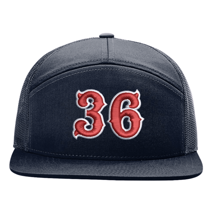 Navy Richardson 168 seven panel trucker cap with a large red and white embroidered fire department number on the front panel