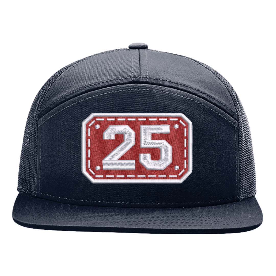 Navy Richardson 168 seven panel trucker cap with the embroidered Passport helmet shield design on the front