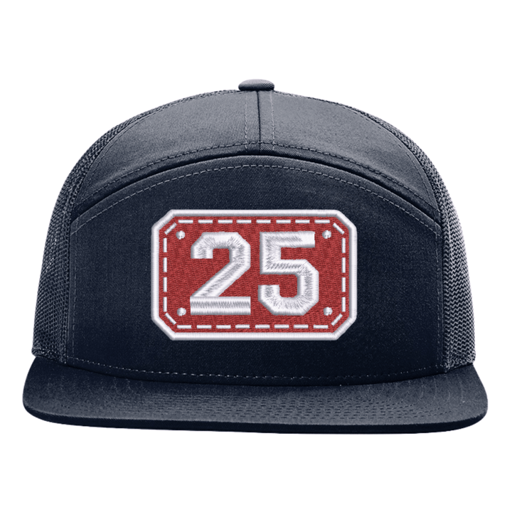 Navy Richardson 168 seven panel trucker cap with the embroidered Passport helmet shield design on the front