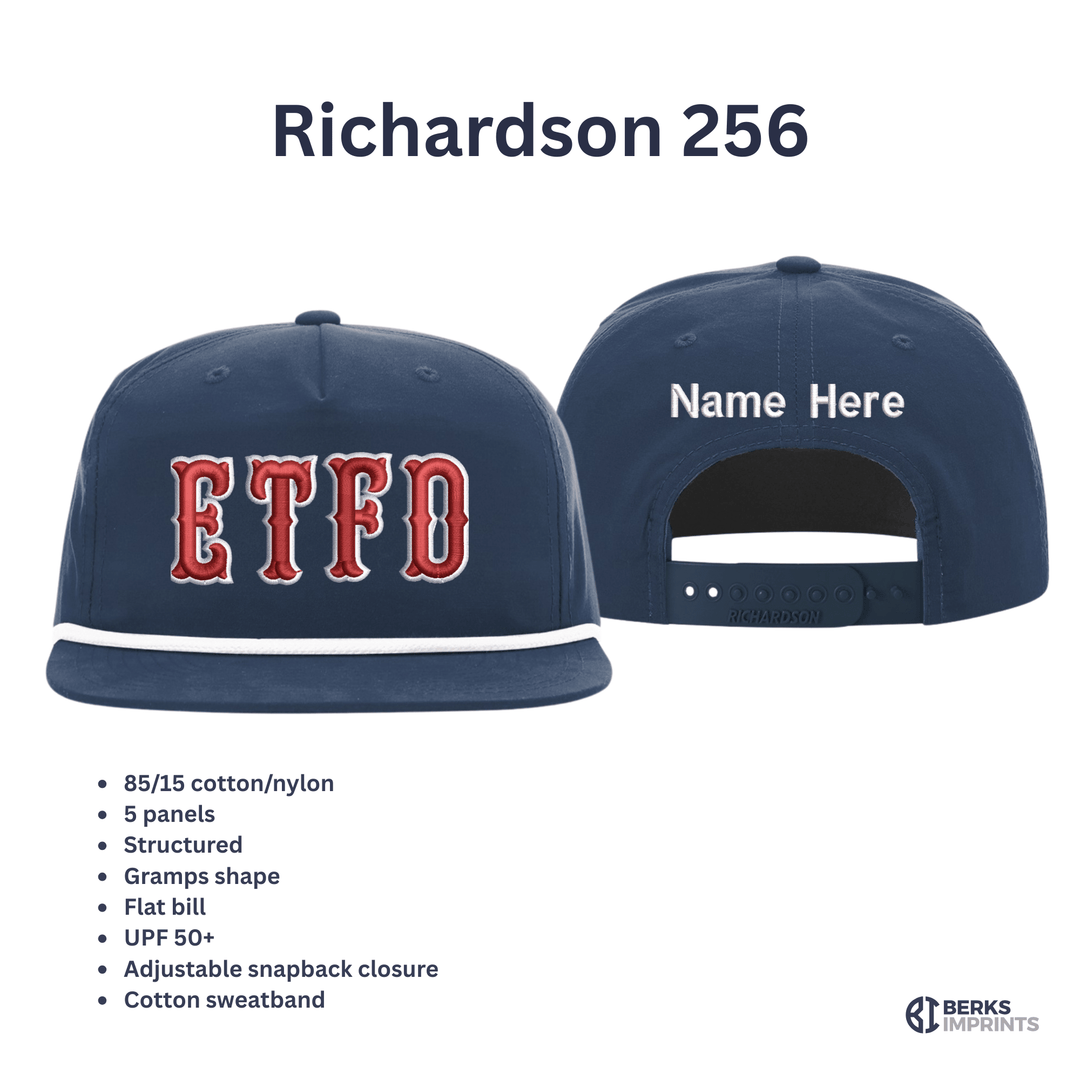 Richardson 256 rope cap shown front and back with fabric and fit specifications