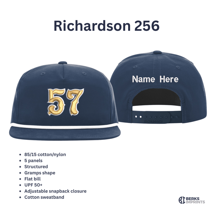 Richardson 256 rope cap shown front and back with a gold embroidered number, personalized name on the back, and fabric and fit specifications