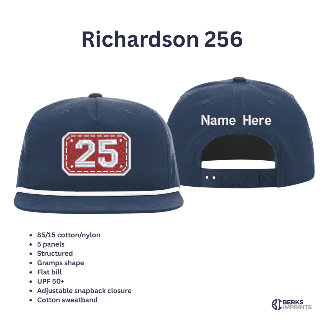 Richardson 256 rope cap shown front and back with fabric and fit specifications