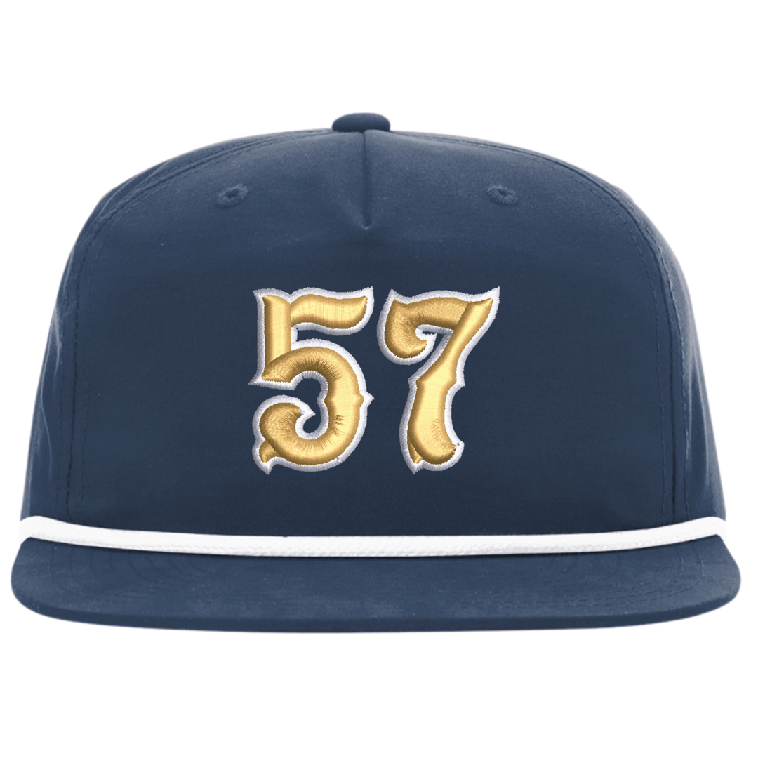 Navy Richardson 256 rope cap with a large gold embroidered fire department number on the front panel