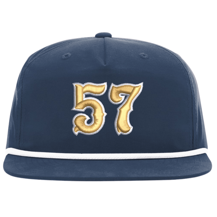 Navy Richardson 256 rope cap with a large gold embroidered fire department number on the front panel