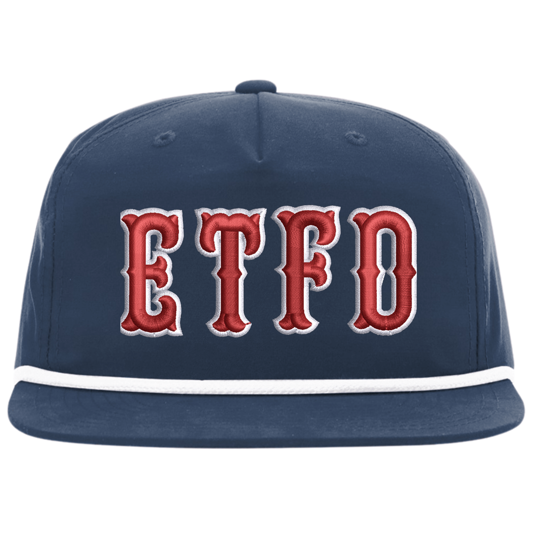Navy Richardson 256 rope cap with embroidered fire department letters in Boston block font across the front
