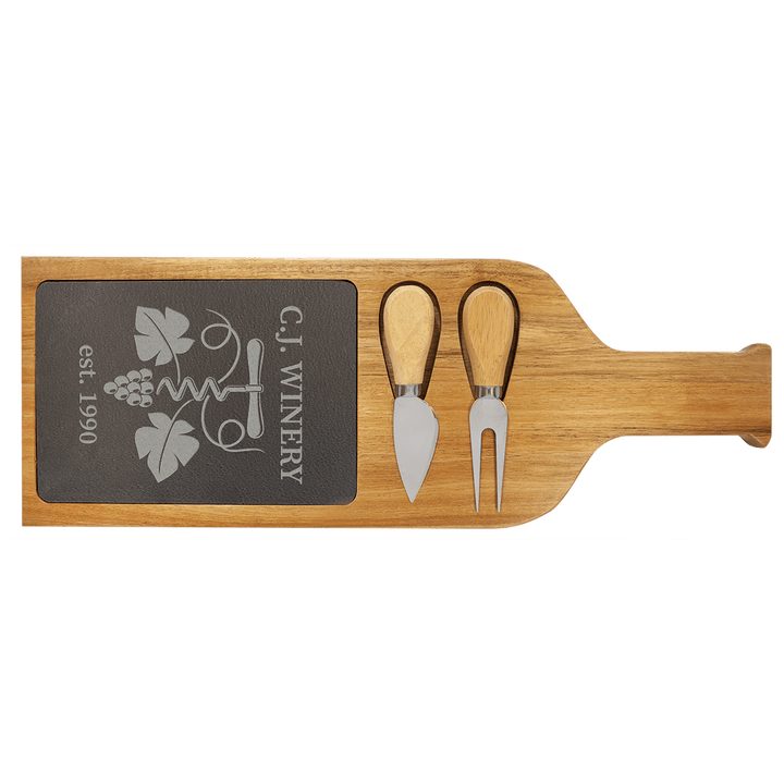 17 1/2" x 6" Acacia Wood/Slate Serving Board with Two Tools