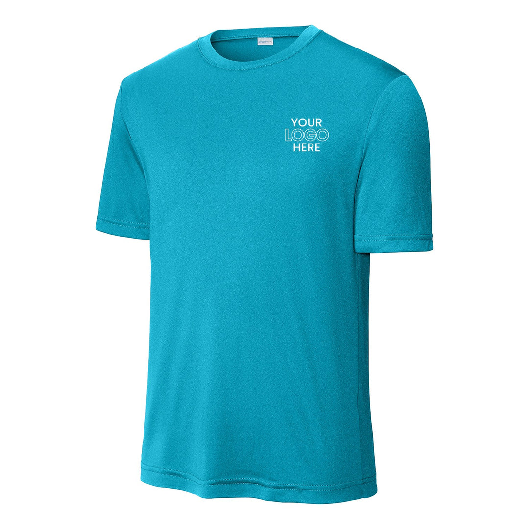 Atomic Blue Sport-Tek ST350 performance tee with a sample logo on the left chest