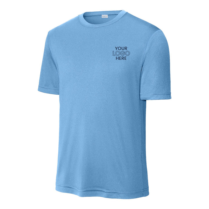 Carolina Blue Sport-Tek ST350 performance tee with a sample logo on the left chest