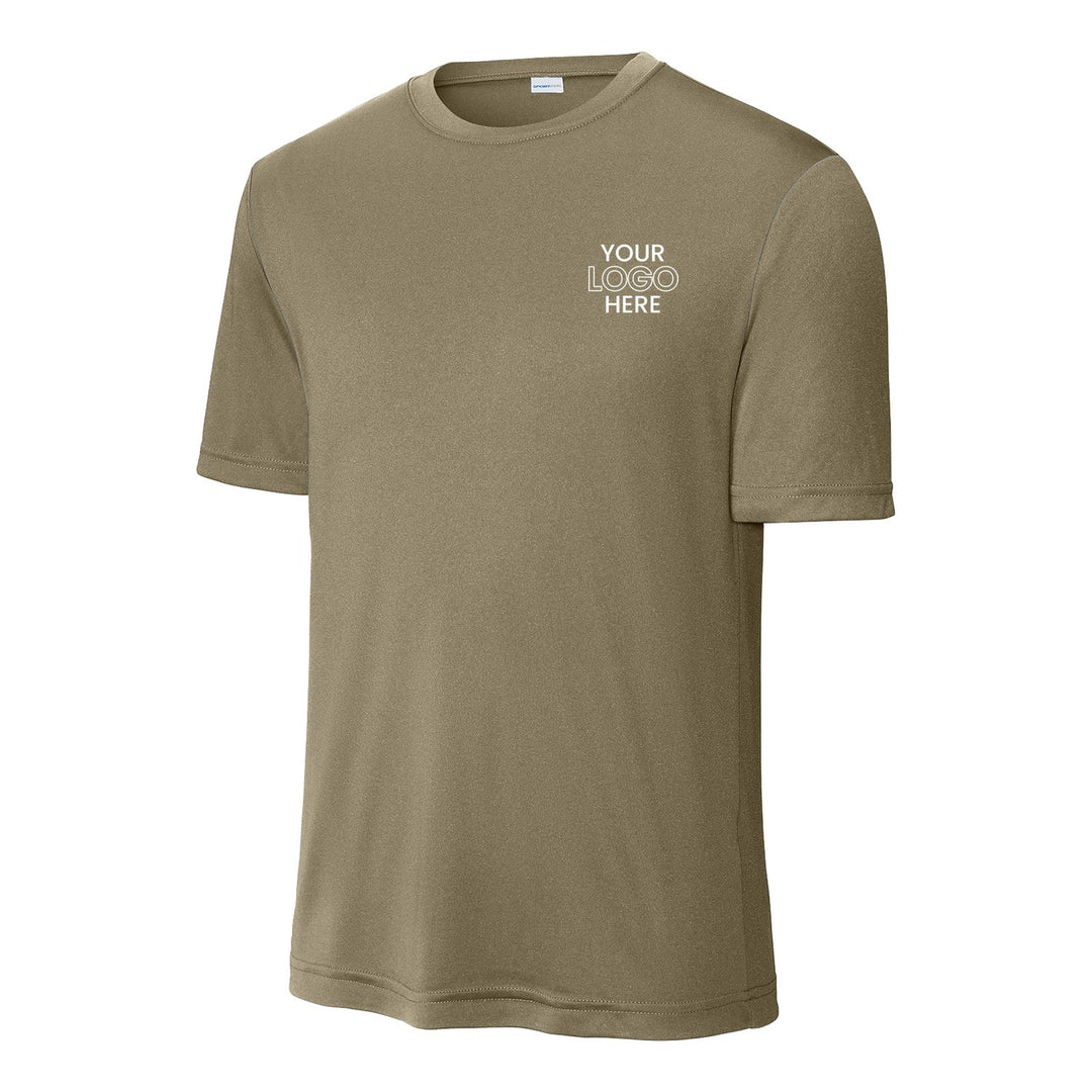 Coyote Brown Sport-Tek ST350 performance tee with a sample logo on the left chest