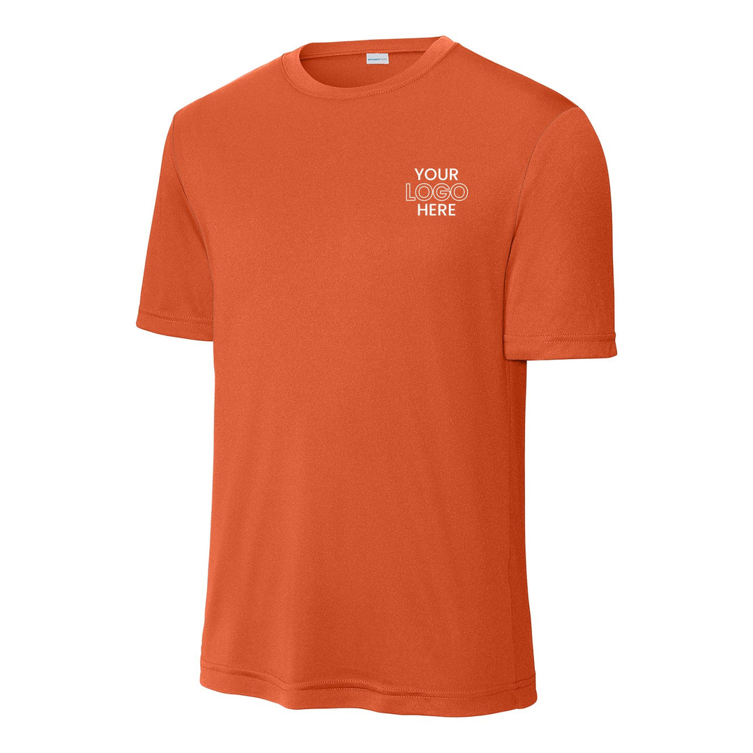 Deep Orange Sport-Tek ST350 performance tee with a sample logo on the left chest