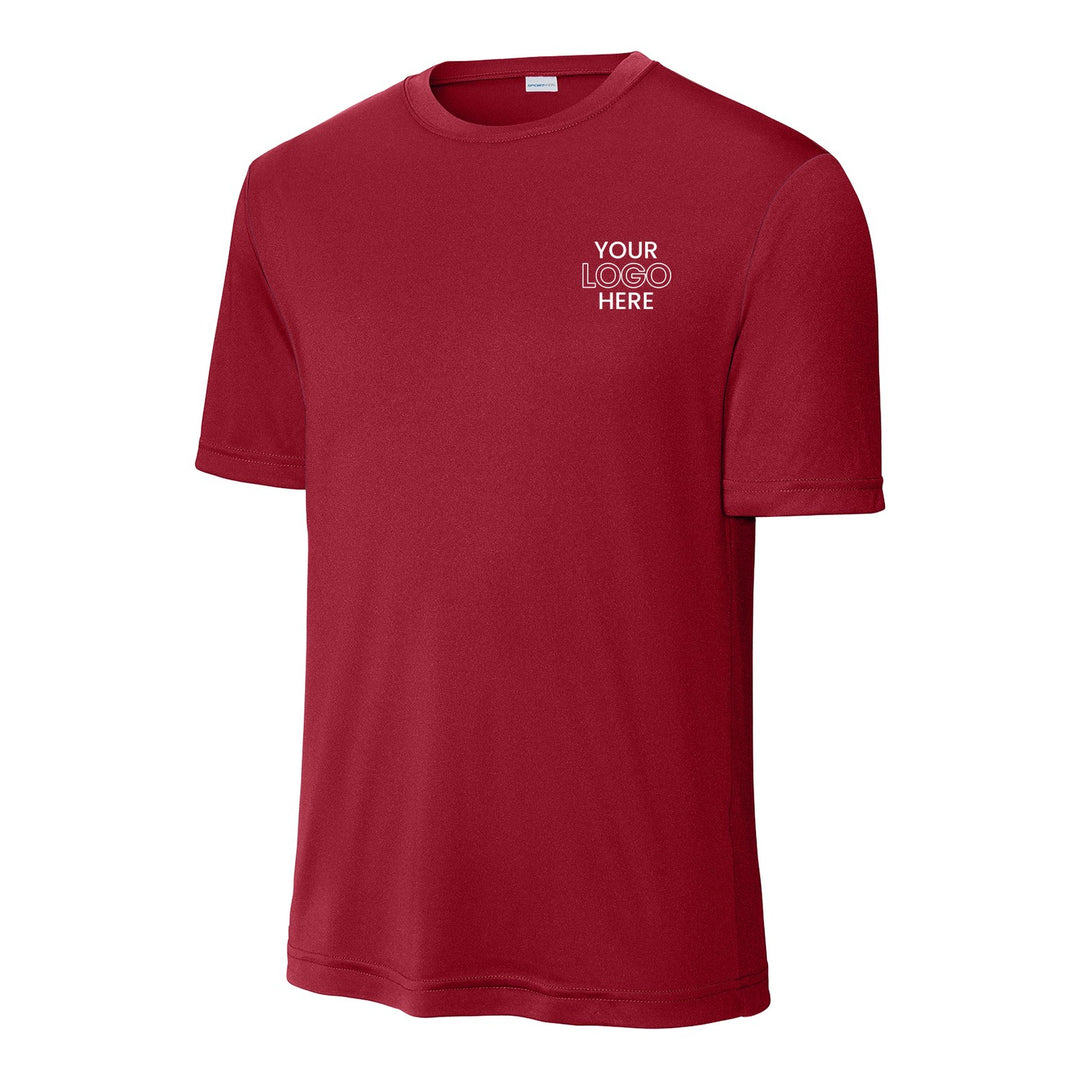 Deep Red Sport-Tek ST350 performance tee with a sample logo on the left chest