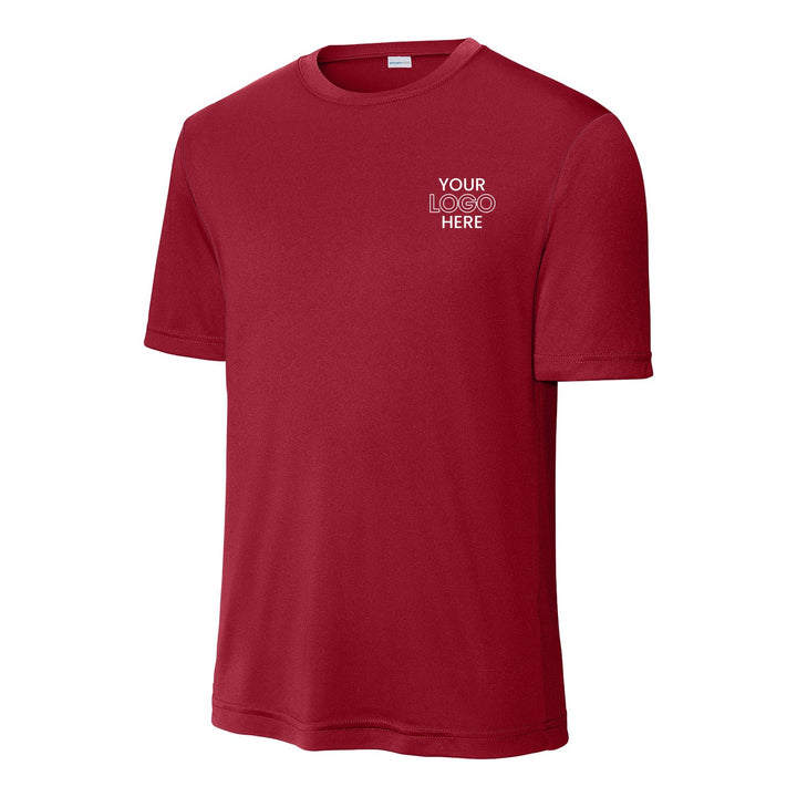 Deep Red Sport-Tek ST350 performance tee with a sample logo on the left chest