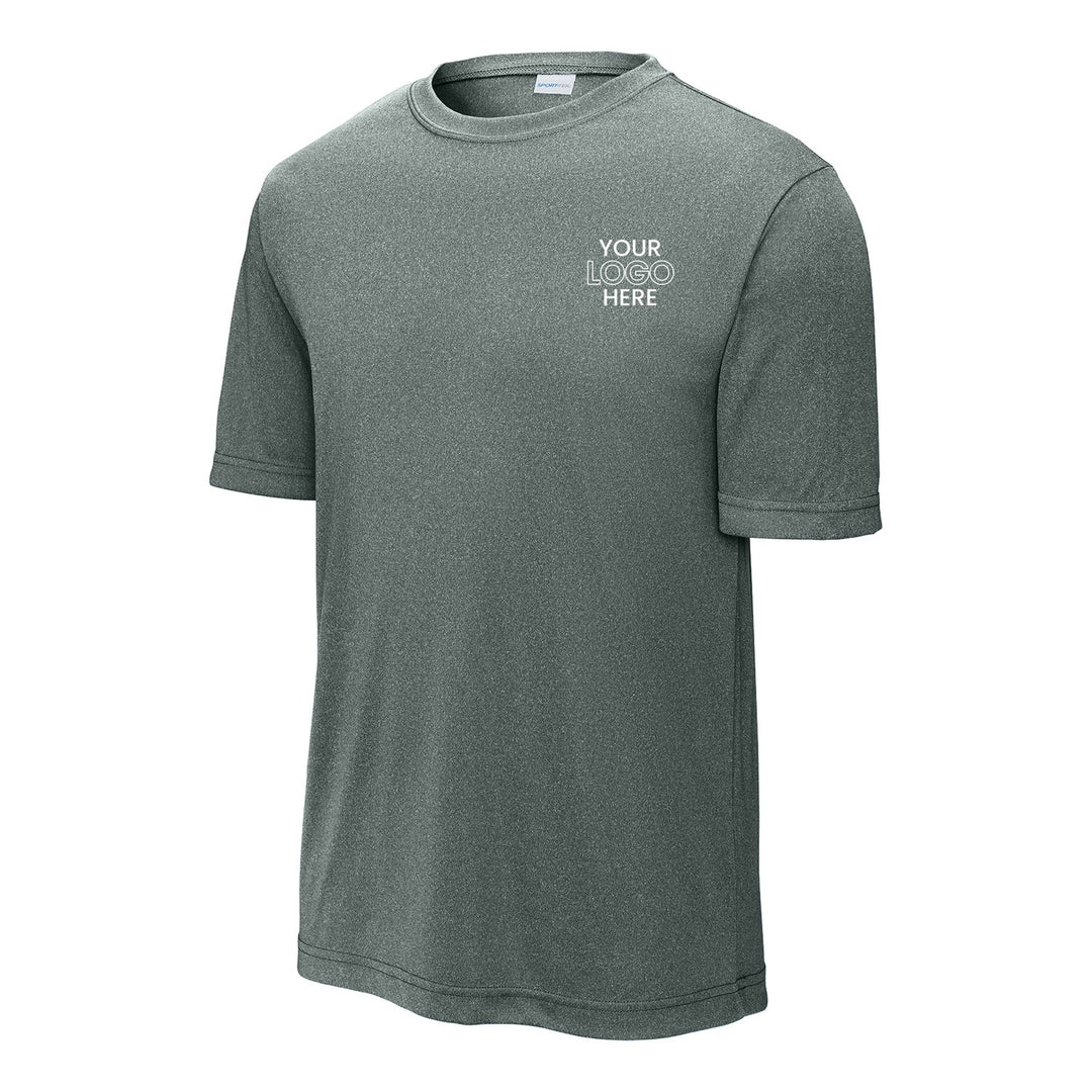 Grey Concrete Heather Sport-Tek ST350 performance tee with a sample logo on the left chest