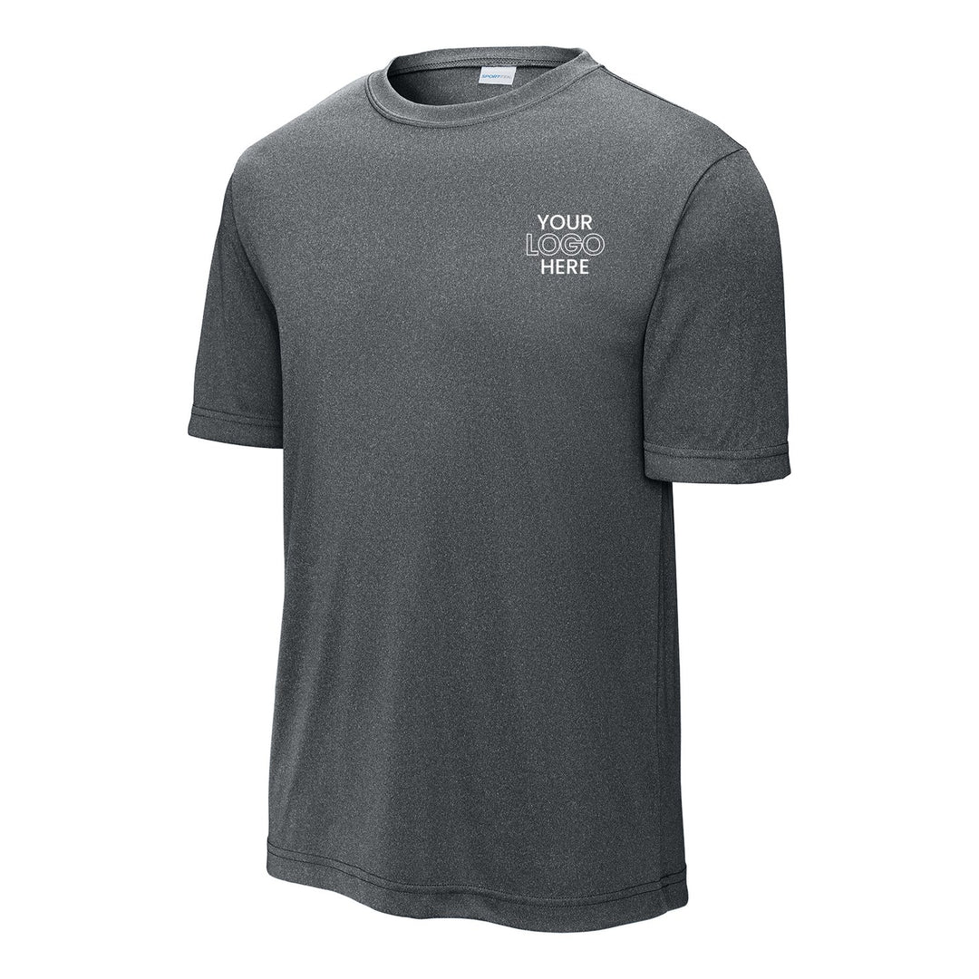 Iron Grey Heather Sport-Tek ST350 performance tee with a sample logo on the left chest