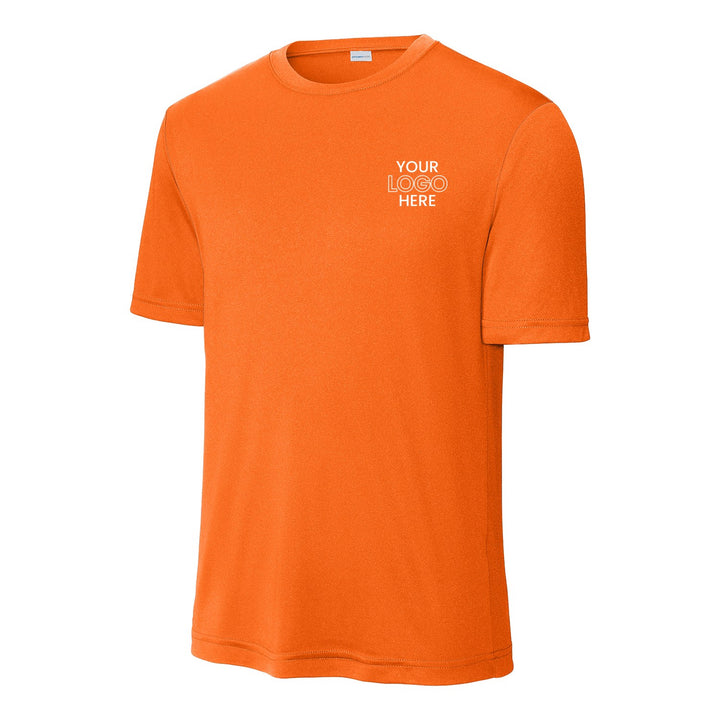 Neon Orange Sport-Tek ST350 performance tee with a sample logo on the left chest