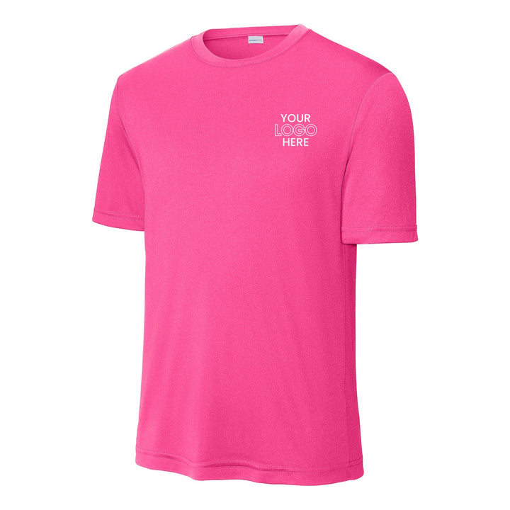 Neon Pink Sport-Tek ST350 performance tee with a sample logo on the left chest