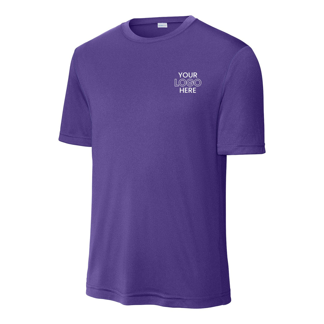 Purple Sport-Tek ST350 performance tee with a sample logo on the left chest
