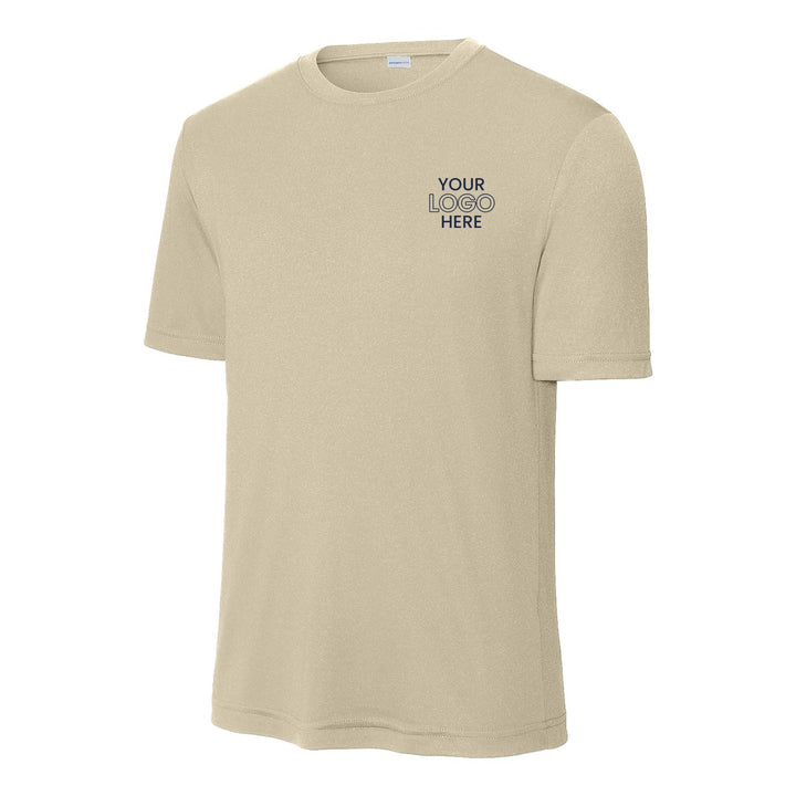 Sand Sport-Tek ST350 performance tee with a sample logo on the left chest