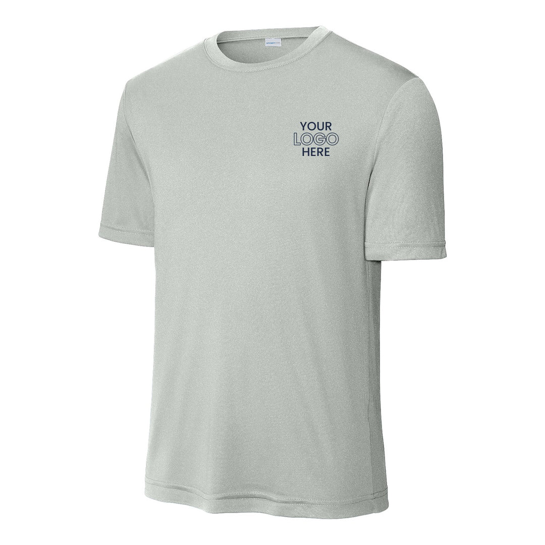 Silver Sport-Tek ST350 performance tee with a sample logo on the left chest