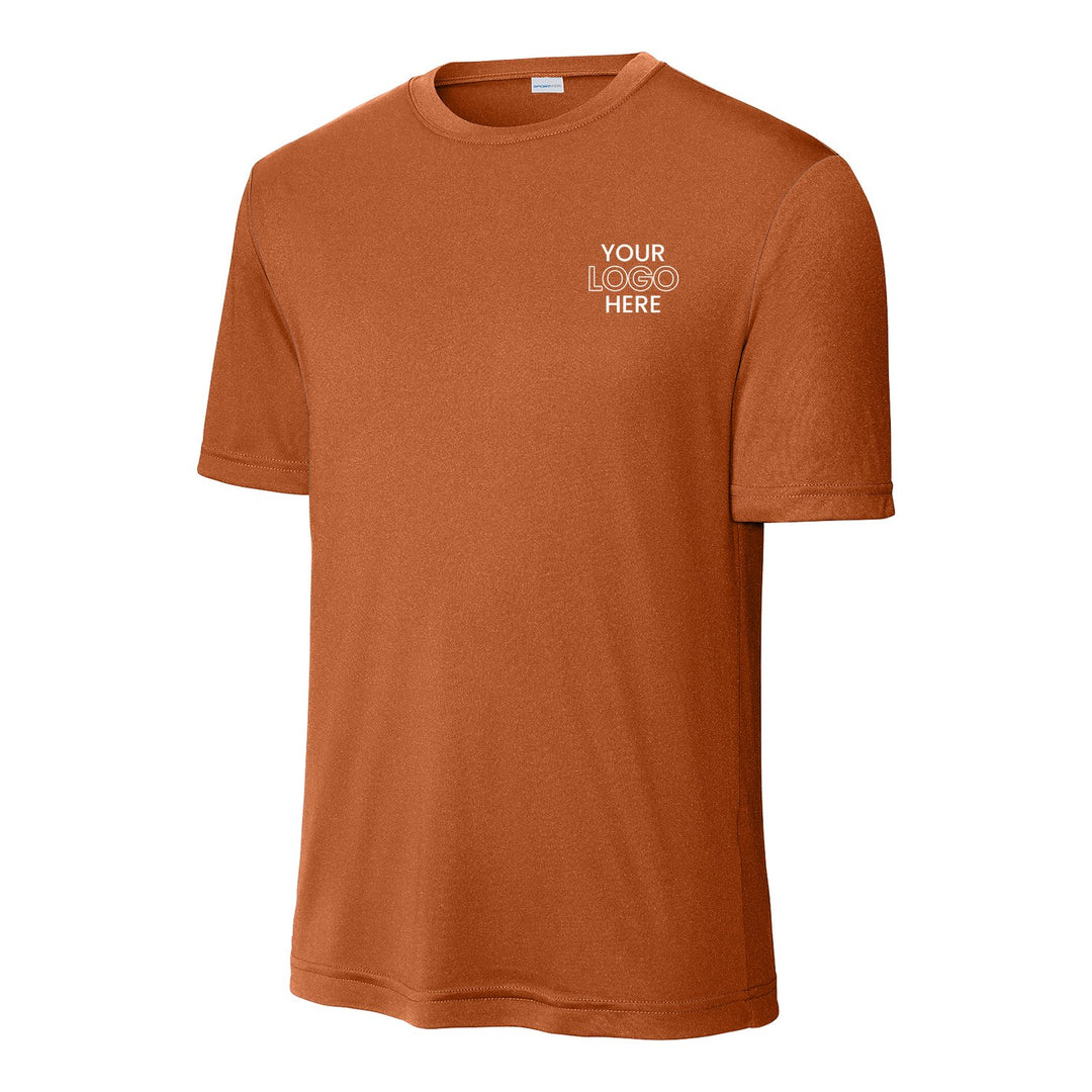 Texas Orange Sport-Tek ST350 performance tee with a sample logo on the left chest