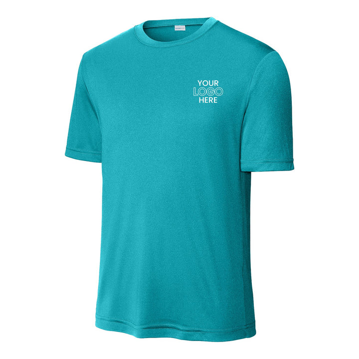 Tropic Blue Sport-Tek ST350 performance tee with a sample logo on the left chest