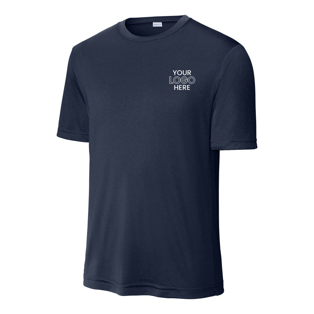 True Navy Sport-Tek ST350 performance tee with a sample logo on the left chest