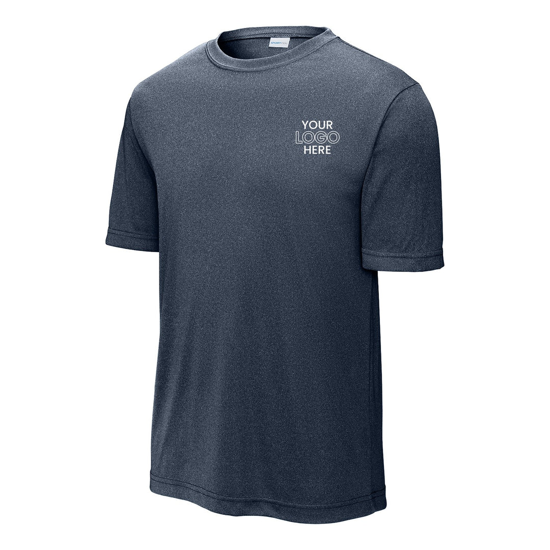 True Navy Heather Sport-Tek ST350 performance tee with a sample logo on the left chest