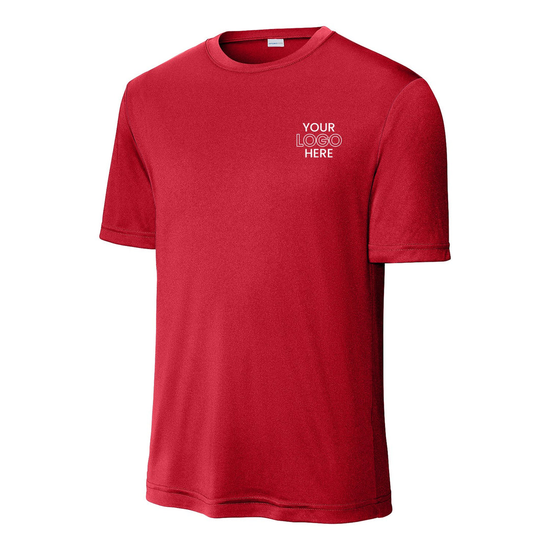 True Red Sport-Tek ST350 performance tee with a sample logo on the left chest
