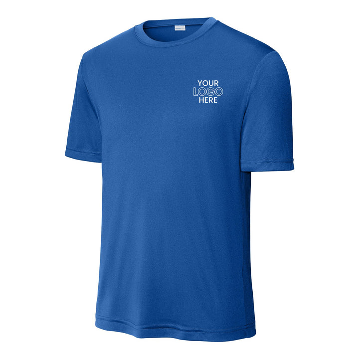 True Royal Sport-Tek ST350 performance tee with a sample logo on the left chest